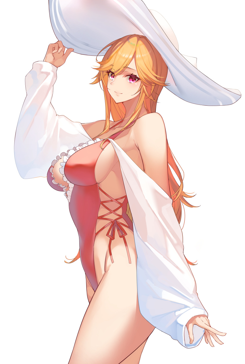 1girl absurdres azur_lane bangs bare_shoulders breasts closed_mouth collarbone commentary eyebrows_visible_through_hair frills hand_up hat highleg highleg_swimsuit highres large_breasts long_hair looking_at_viewer one-piece_swimsuit orange_hair pink_swimsuit richelieu_(azur_lane) richelieu_(flagship_in_the_sea_breeze)_(azur_lane) shiny shiny_hair side-tie_swimsuit simple_background smile solo sun_hat swimsuit thighs white_background yamanokami_eaka