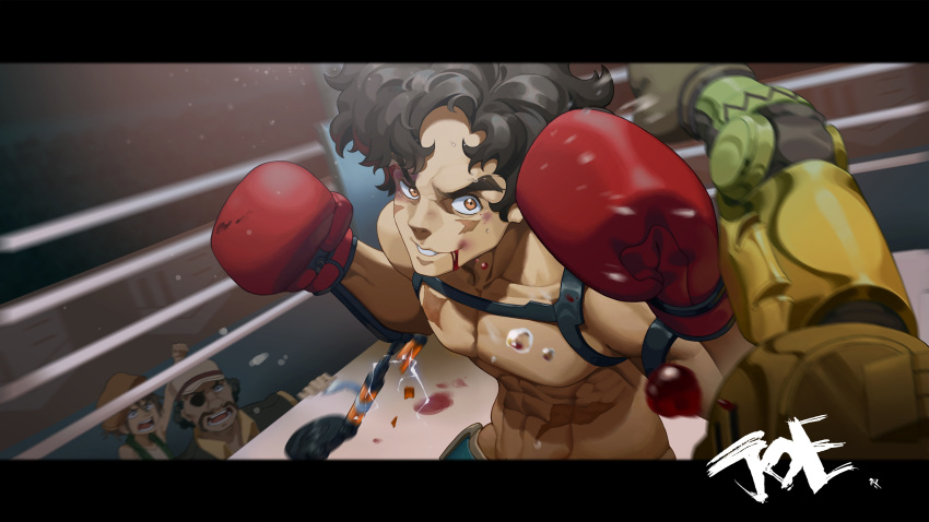 3boys abs black_hair blood blood_on_face boxing_gloves boxing_ring brown_eyes character_name cheese_kang eyepatch gloves hat highres joe_(megalo_box) letterboxed looking_at_viewer male_focus megalo_box multiple_boys nanbu_gansatsu punching red_gloves sachio_(megalo_box) scar standing sweat tan