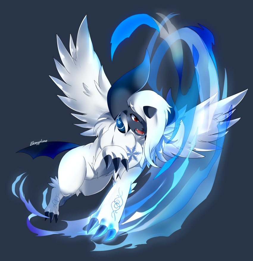 absol absurdres artist_name blue_background claws commission ebonyplume fangs full_body gen_3_pokemon glowing hair_over_one_eye highres jumping mega_absol mega_pokemon open_mouth pokemon pokemon_(creature) red_eyes signature simple_background teeth tongue white_hair wings