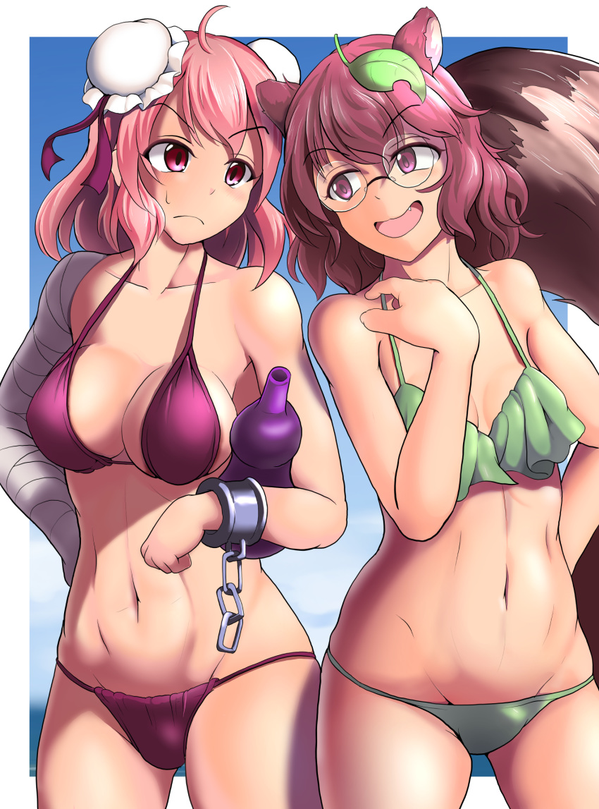 2girls animal_ears bandaged_arm bandages bare_shoulders bikini blue_background blush border breasts brown_eyes brown_hair collarbone commentary_request cuffs eyebrows_visible_through_hair fang frown futatsuiwa_mamizou glasses gourd green_bikini hand_on_hip highres ibaraki_kasen leaf leaf_on_head looking_at_another medium_breasts multiple_girls navel nioti open_mouth pince-nez pink_eyes pink_hair purple_bikini raccoon_ears raccoon_tail rimless_eyewear shackles short_hair small_breasts string_bikini swimsuit tail touhou white_border