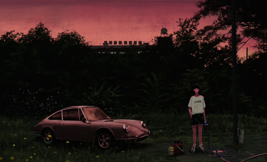 ambiguous_gender building dark highres holding original orval outdoors red_sky shirt shoes short_sleeves sky solo standing tree white_footwear white_shirt wide_shot