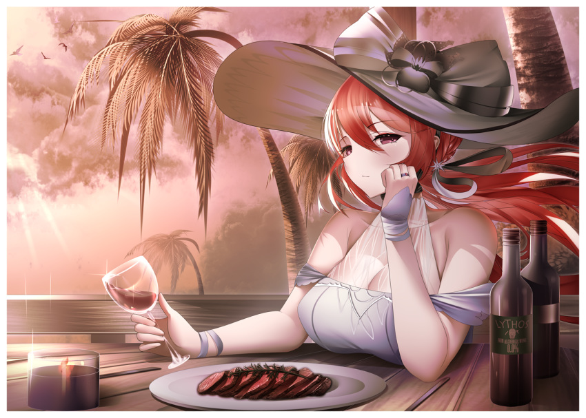1girl azur_lane breasts cocktail_dress cup dress drinking_glass evening gdat hat holding holding_cup large_breasts long_hair looking_at_viewer monarch_(azur_lane) monarch_(simple_white_grandeur)_(azur_lane) palm_tree redhead see-through solo summer sun_hat thighlet tree violet_eyes white_headwear wine_glass