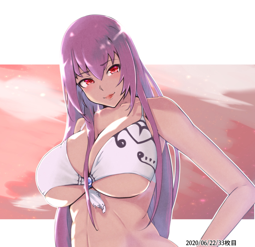 1girl alternate_costume bikini breasts clouds cloudy_sky dated fate/grand_order fate_(series) highres large_breasts lips purple_hair red_eyes scathach_(fate)_(all) scathach_skadi_(fate/grand_order) sky smile solo sunset swimsuit zumizu