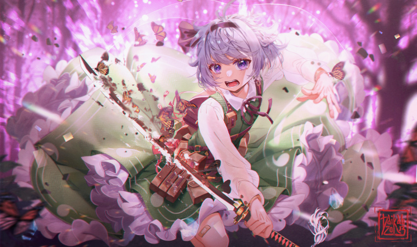 1girl bug butterfly daikazoku63 eyebrows_visible_through_hair hairband highres holding holding_sword holding_weapon insect katana konpaku_youmu long_sleeves looking_at_viewer open_mouth short_hair silver_hair solo sword teeth touhou violet_eyes weapon