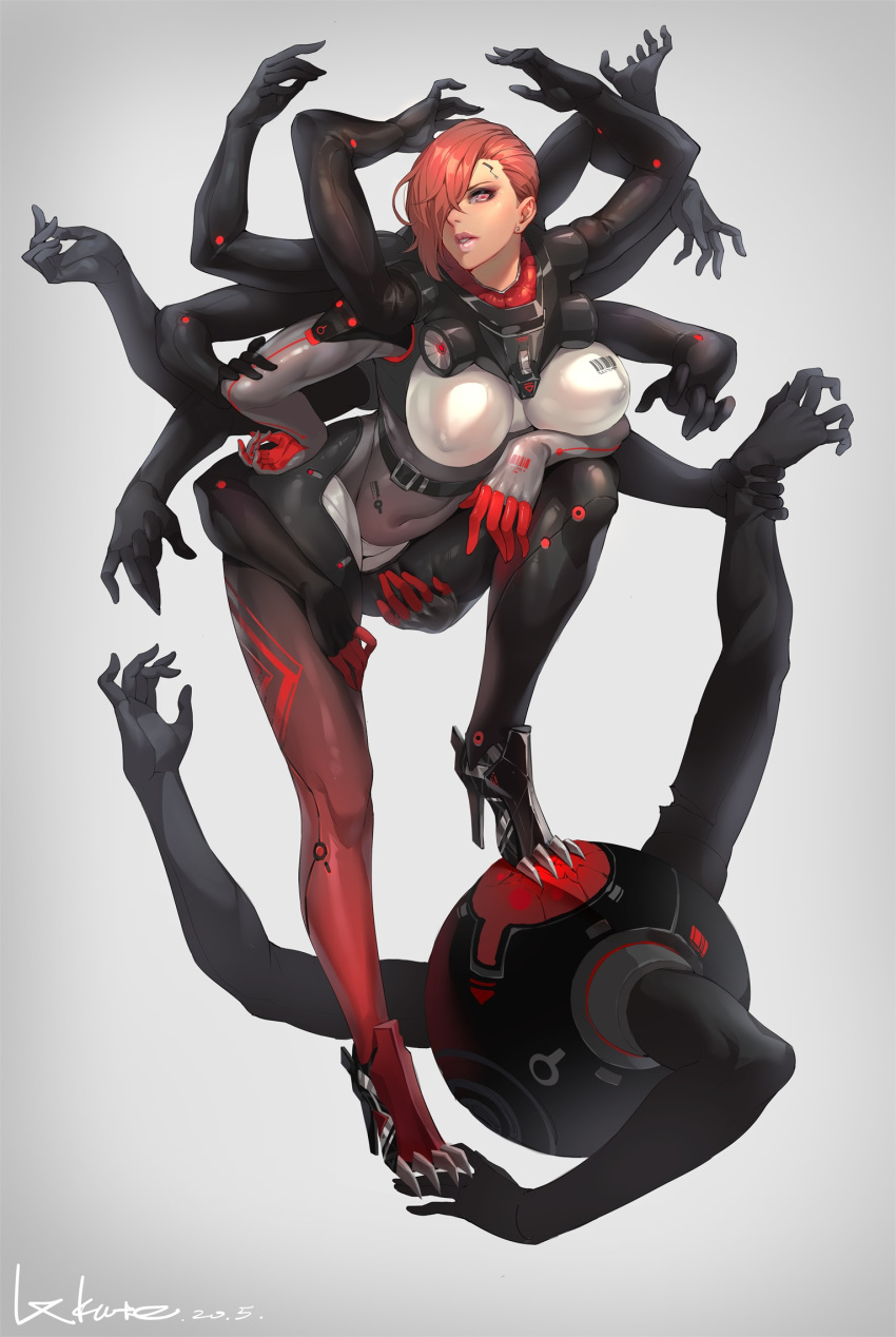 1girl 1other barcode bodysuit breasts covered_nipples cyborg dark_skin deep_skin dwarf_gekko earrings extra_arms eyeshadow full_body gloves grey_background hair_over_one_eye hand_on_hip high_heels highres impossible_bodysuit impossible_clothes jewelry large_breasts legs lips lipstick lxkate makeup metal_gear_(series) metal_gear_rising:_revengeance mistral_(metal_gear_rising) multicolored multicolored_bodysuit multicolored_clothes multicolored_gloves pink_lipstick pose red_eyes redhead short_hair skin_tight solo_focus stepped_on stiletto_heels stud_earrings