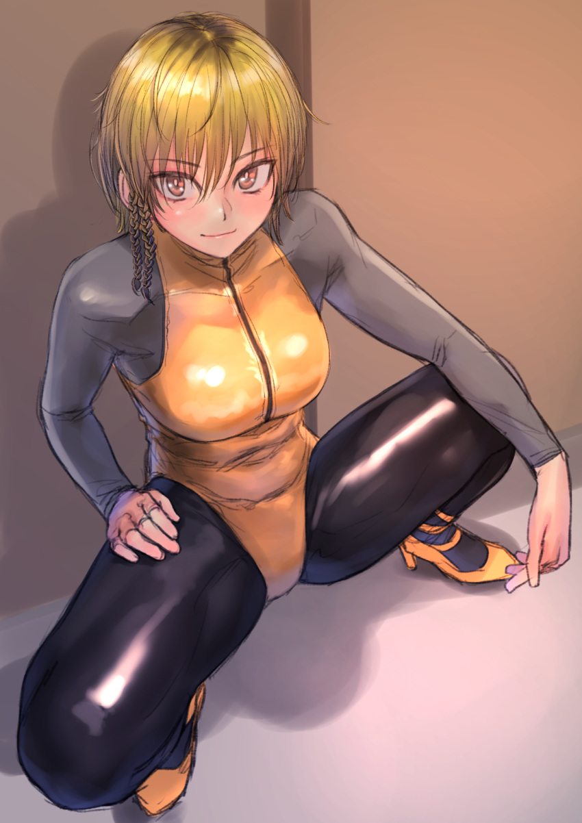 1girl blonde_hair blush bodysuit braid breasts collarbone from_above high_heels highres kilye_4421 large_breasts looking_up original skin_tight smile solo spread_legs squatting twin_braids yellow_eyes zipper