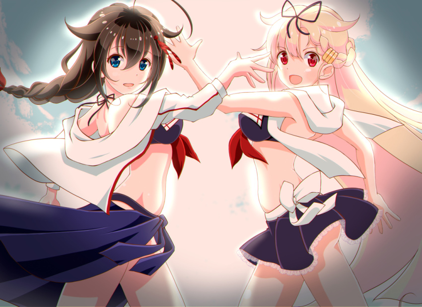 2girls ahoge backlighting bangs bikini bikini_skirt black_bikini blonde_hair blue_eyes braid braided_bangs breasts brown_hair commentary_request eyebrows_visible_through_hair hair_between_eyes hair_flaps hair_ornament hair_ribbon hairclip jacket kantai_collection long_hair looking_at_viewer looking_to_the_side medium_breasts multiple_girls open_clothes open_jacket open_mouth outstretched_arm pose red_eyes remodel_(kantai_collection) ribbon sarong scarf shigure_(kantai_collection) sidelocks single_braid suzuya_hiro swimsuit white_jacket white_scarf yuudachi_(kantai_collection)