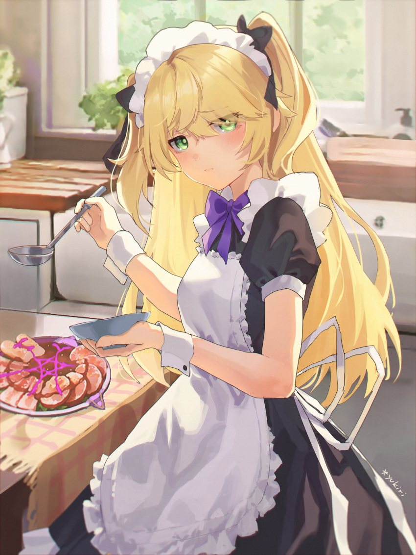 1girl apron black_dress blonde_hair bow bowtie breasts cooking cuff_links dress fischl_(genshin_impact) frilled_apron frills genshin_impact green_eyes highres holding holding_ladle kitchen ladle long_hair maid plant plate potted_plant purple_bow purple_bowtie shiny shiny_skin sliced_meat small_breasts solo table twintails two_side_up white_apron window yukiri_(l_ii)