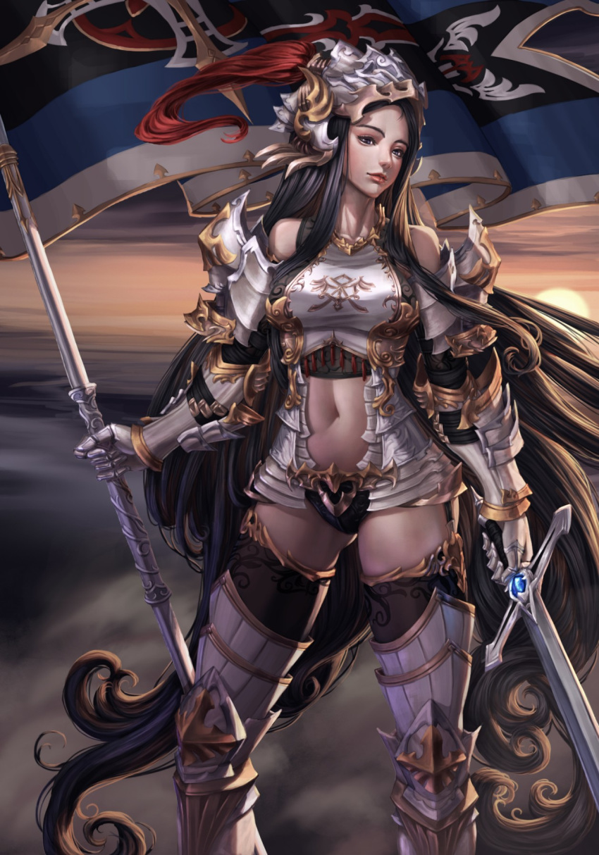 1girl armor armored_boots ass_visible_through_thighs azhang bare_shoulders black_eyes black_hair boots contrapposto cowter fantasy flag gauntlets helmet highres knight lips navel original pauldrons photoshop_(medium) shoulder_armor solo standard_bearer sword thigh-highs thigh_boots war weapon
