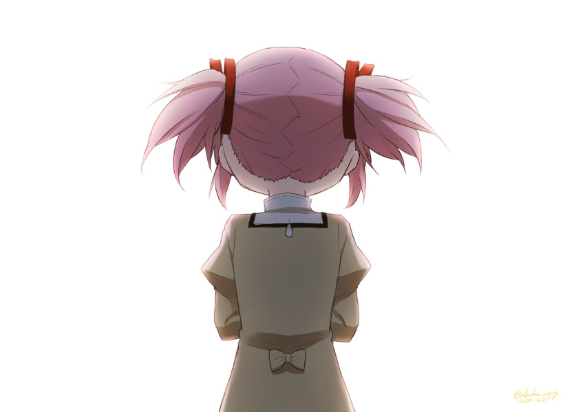 1girl arms_at_sides back backlighting beige_ribbon facing_away hair_ribbon high_collar highres juliet_sleeves kaname_madoka long_sleeves mahou_shoujo_madoka_magica mitakihara_school_uniform nape pink_hair puffy_sleeves red_ribbon ribbon rilafm345 school_uniform short_twintails sidelocks simple_background solo standing twintails uniform upper_body white_background