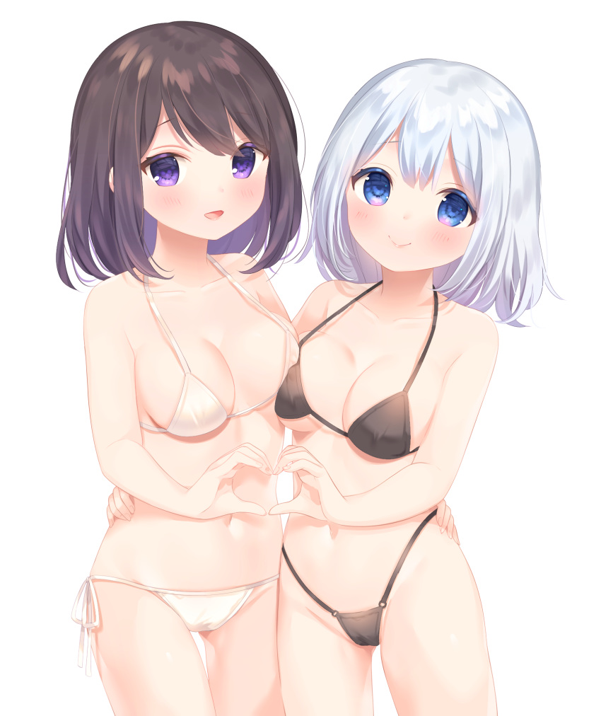 2girls :d ass_visible_through_thighs bangs bare_arms bare_shoulders bikini black_bikini black_hair blue_eyes blush breasts closed_mouth collarbone commentary_request eyebrows_behind_hair hair_between_eyes heart heart_hands heart_hands_duo highleg highleg_bikini highres komachi_pochi long_hair looking_at_viewer medium_breasts multiple_girls navel o-ring o-ring_bikini o-ring_bottom open_mouth original side-tie_bikini silver_hair simple_background smile standing swimsuit thigh_gap violet_eyes white_background white_bikini