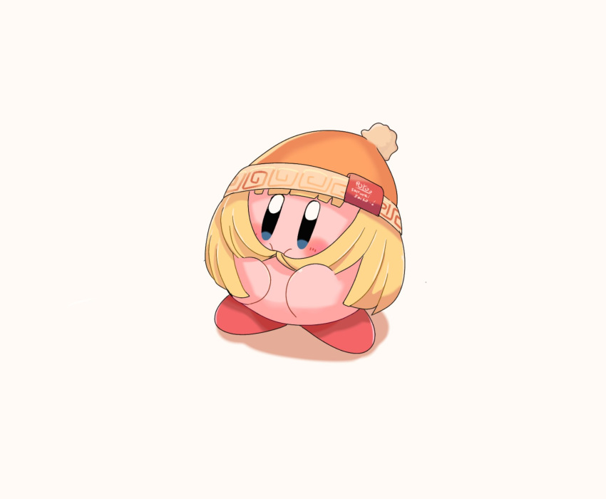 beanie blonde_hair blue_eyes blush_stickers copy_ability eating_hair hat highres kirby kirby_(series) no_humans super_smash_bros. torasan white_background