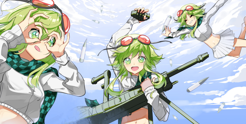&gt;_&lt; 2girls absurdres ammunition arm_up checkered checkered_scarf clouds cloudy_sky commentary crop_top day explosive falling fingerless_gloves gloves goggles goggles_on_head green_eyes green_hair grenade grin gumi gun hand_glasses hands_over_eyes highres holding holding_grenade holding_gun holding_weapon looking_at_viewer midriff miniskirt multiple_girls multiple_persona navel open_mouth pleated_skirt raysricey red_goggles rifle scarf shirt short_hair_with_long_locks sidelocks skirt sky smile tetrodotoxin_synthesizer_no.2_(vocaloid) tongue tongue_out vocaloid weapon white_shirt white_skirt