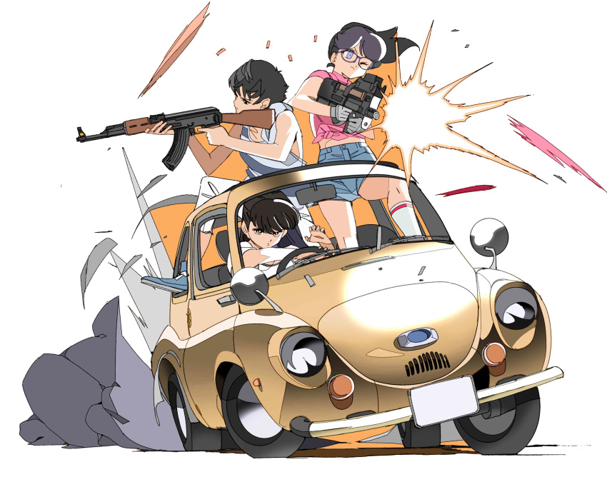 3girls absurdres ak-47 assault_rifle black_eyes black_hair blue_eyes blue_footwear bullet car driving edoya_inuhachi firing gloves ground_vehicle gun highres holding holding_gun holding_weapon long_hand medium_hair motor_vehicle multiple_girls original rifle shell_casing short_hair sitting smoke standing vehicle weapon white_background white_gloves yellow_eyes