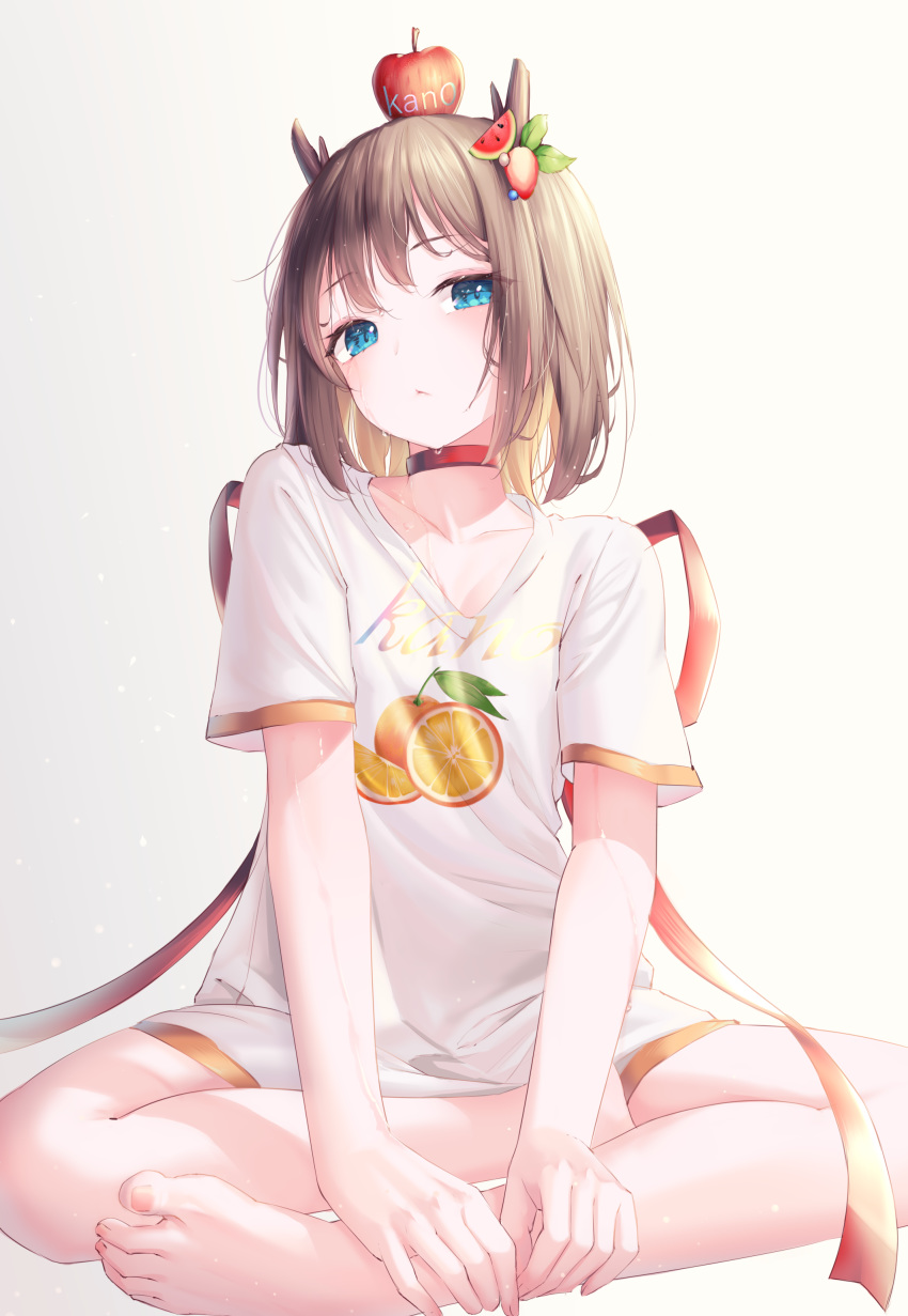 1girl absurdres amaroku_neko antlers apple bangs bare_legs barefoot blue_eyes blush brown_hair character_name choker collarbone commentary_request eyebrows_visible_through_hair food food_print food_themed_hair_ornament from_below frown fruit hair_ornament highres kano_(singer) large_ribbon light_brown_hair looking_at_viewer medium_hair melon_hair_ornament original red_choker red_ribbon ribbon shirt short_sleeves solo strawberry_hair_ornament tears virtual_youtuber white_shirt