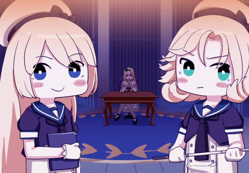 3girls bare_shoulders blonde_hair blue_eyes blush_stickers commentary_request crossed_legs crown dress fuwafuwatoufu gloves green_eyes hairband hands_together hat janus_(kantai_collection) jervis_(kantai_collection) kantai_collection long_hair mini_crown multiple_girls sailor_dress sailor_hat table warspite_(kantai_collection) white_gloves