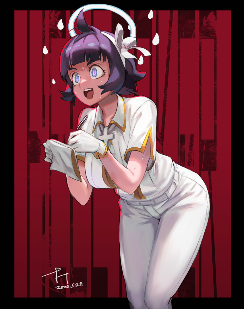 1girl azazel_(helltaker) bangs black_border black_hair border breasts dated hair_ribbon halo harusame_tsubaki helltaker highres holding holding_notepad holding_pen notepad open_mouth pants pen red_background ribbon shirt short_hair short_sleeves signature solo sweat violet_eyes white_pants white_shirt