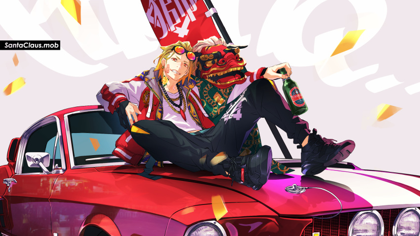 1boy bandaid banner beer_bottle black_gloves black_pants black_shorts blonde_hair bottle car commentary earrings eyewear_on_head flower_tattoo gloves ground_vehicle half_gloves highres holding jacket jewelry komainu looking_at_viewer male_focus monq motor_vehicle necklace original pants red_eyes rosary scarf shoes shorts sitting sneakers sunglasses tattoo