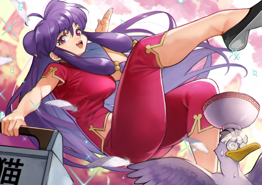 1boy 1girl bird bowl chinese_clothes double_bun duck eyeliner eyeshadow fang glasses highres long_hair magenta_eyes makeup mousse mousse_(duck) purple_hair ranma_1/2 shampoo_(ranma_1/2) skin_fang yoshio_(55level)