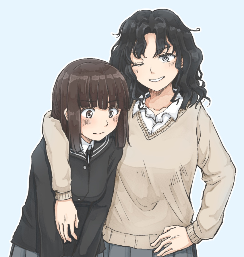 2girls amagami arm_around_shoulder bangs black_cardigan black_eyes black_hair blue_background blunt_bangs blush brown_eyes brown_hair brown_sweater closed_mouth cowboy_shot dress_shirt grey_skirt grin hand_on_hip kibito_high_school_uniform medium_hair messy_hair multiple_girls one_eye_closed sansho_ss school_uniform shirt side-by-side simple_background skirt smile sweater tanaka_keiko tanamachi_kaoru wavy_hair white_shirt