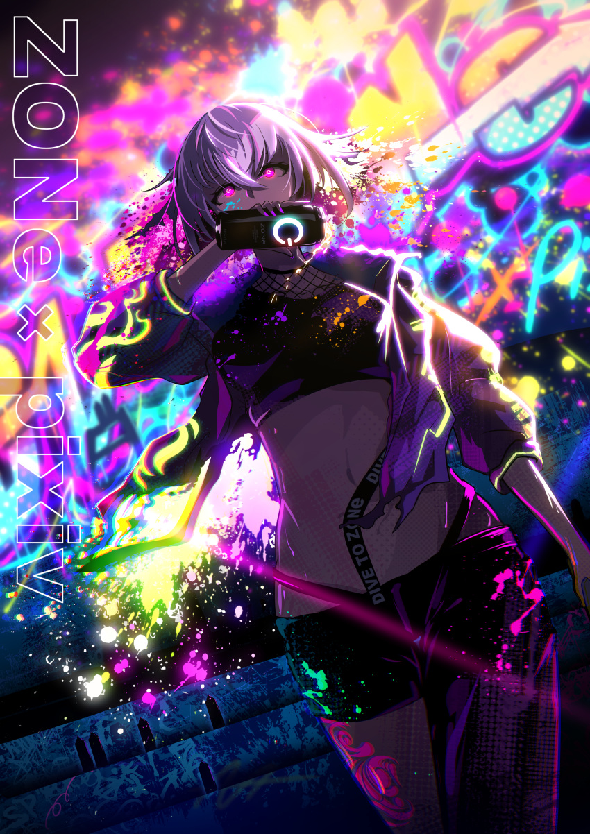 1girl absurdres bangs berryverrine black_shorts breasts can clothes_writing dark_skin dive_to_zone energy_drink fishnets graffiti hair_between_eyes highres holding holding_can huge_filesize jacket midriff navel paint_splatter pixiv purple_jacket short_hair shorts solo violet_eyes white_hair