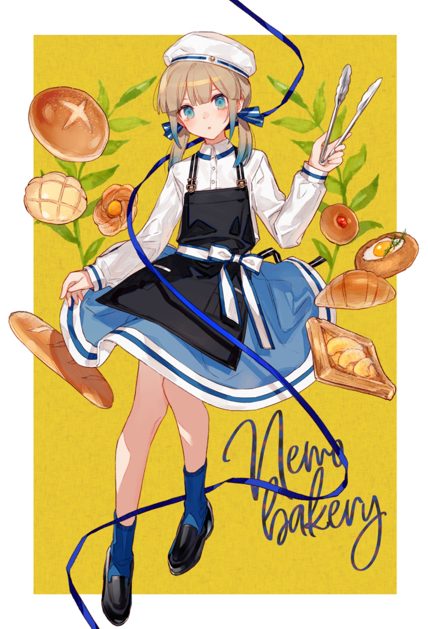 1other androgynous apple_pie apron bangs black_apron black_footwear blue_eyes blue_hair blue_legwear blue_skirt blush braid bread brown_hair captain_nemo_(fate/grand_order) chocoan croissant fate/grand_order fate_(series) food french_braid full_body hat highres holding loaf_of_bread long_hair long_sleeves looking_at_viewer melon_bread multicolored_hair open_mouth sailor_hat shirt skirt smile socks solo sunny_side_up_egg tongs twintails white_headwear white_shirt