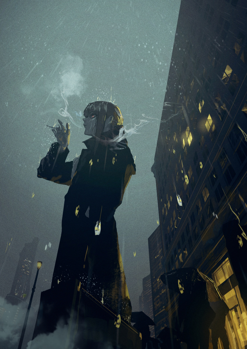 1girl absurdres bangs black_coat briefcase brown_hair building chainsaw_man cigarette city coat from_below from_side grey_sky hand_in_pocket hand_up highres holding holding_cigarette lamppost makima_(chainsaw_man) medium_hair neg_(101neg) outdoors people rain red_eyes sidelocks sky smoke smoking standing umbrella