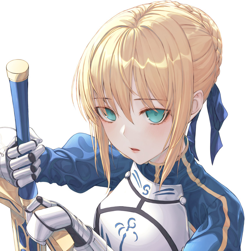 absurdres armor artoria_pendragon_(all) blonde_hair braid braided_bun breastplate eichi_(skskdi12z) excalibur eyebrows_visible_through_hair eyes_visible_through_hair fate/grand_order fate_(series) gauntlets green_eyes hair_between_eyes highres holding holding_sword holding_weapon looking_at_viewer open_mouth simple_background sword upper_body weapon white_background