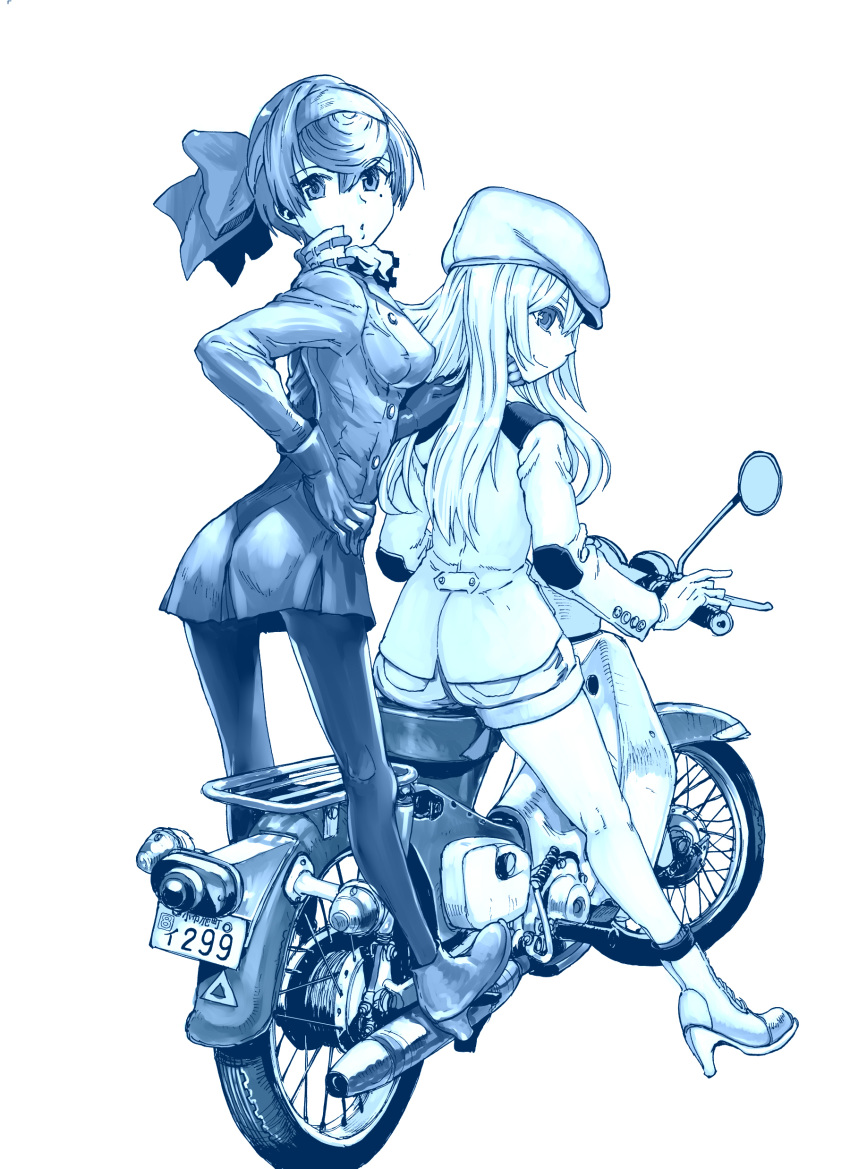 2girls :o absurdres ankle_boots bangs blue_theme boots bow closed_mouth coat denim denim_shorts flat_cap from_behind girls_und_panzer girls_und_panzer_ribbon_no_musha gloves ground_vehicle hair_bow hand_on_hip hat headband high_heel_boots high_heels highres jacket long_hair long_sleeves looking_at_viewer looking_back matsukaze_rin monochrome motor_vehicle motorcycle multiple_girls nogami_takeshi pantyhose parted_lips riding short_hair short_shorts shorts smile socks standing swept_bangs tsuruki_shizuka