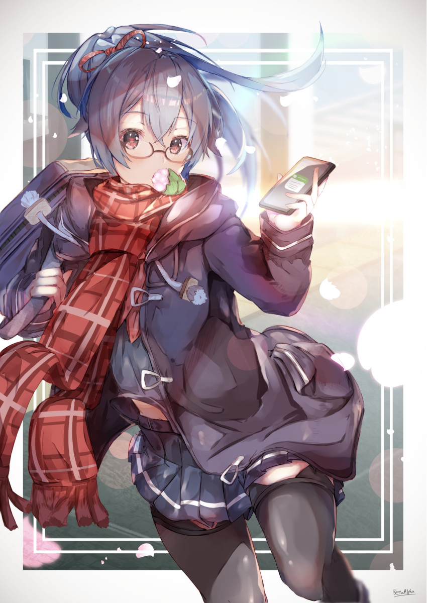 1girl alpha_beta artoria_pendragon_(all) bag blue_hair bow coat cosplay duffel_coat fate/grand_order fate_(series) food food_in_mouth glasses highres long_hair mysterious_heroine_x_(alter) mysterious_heroine_x_(alter)_(cosplay) open_clothes open_coat phone plaid plaid_scarf pleated_skirt ponytail red_bow red_eyes scarf school_bag school_uniform skirt tomoe_gozen_(fate/grand_order) very_long_hair