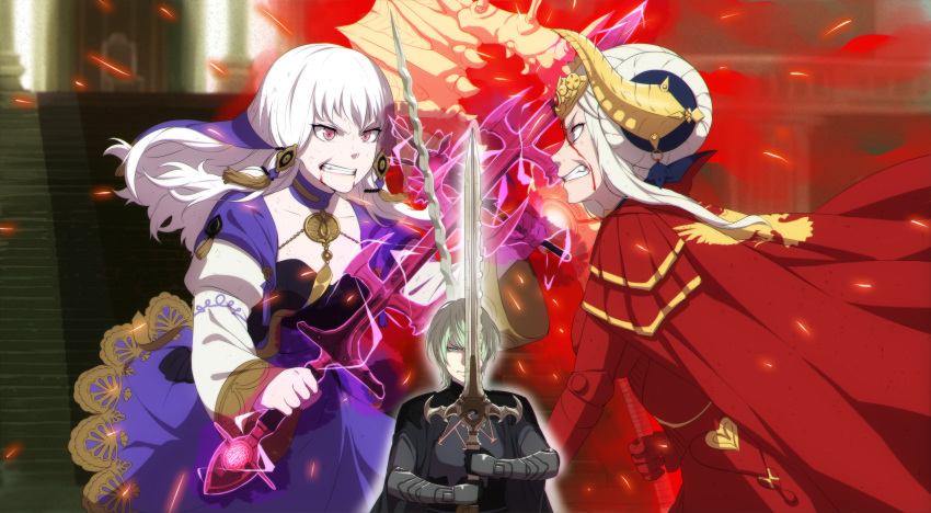 1boy 2girls absurdres armor axe aymr_(weapon) black_gloves blood blood_from_mouth byleth_(fire_emblem) byleth_eisner_(male) cape clenched_teeth closed_mouth dannex009 dress edelgard_von_hresvelg fire_emblem fire_emblem:_three_houses from_side gloves green_eyes green_hair hair_ornament headpiece highres holding holding_axe holding_sword holding_wand holding_weapon horns long_hair long_sleeves lysithea_von_ordelia multiple_girls pink_eyes short_hair stairs sword sword_of_the_creator teeth thunderbrand wand weapon white_hair