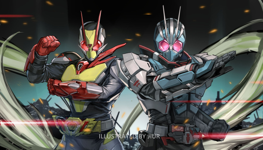 2boys antennae armor belt debris father_and_son henshin_pose highres jiuri_jiuhao kamen_rider kamen_rider_01_(series) kamen_rider_type-1 kamen_rider_zero-two mask multiple_boys pink_eyes pose progrise_key red_eyes rider_belt