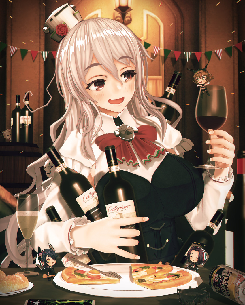 4girls absurdres alcohol black_gloves bottle bow bowtie breasts brown_eyes brown_hair checkered checkered_neckwear chibi corset cup drinking_glass eyepatch ffkw flipped_hair gloves green_eyes grey_hair hair_intakes hairband hat headgear highres holding holding_bottle kantai_collection large_breasts long_hair mechanical_halo midriff mini_hat miniskirt multiple_girls mutsu_(kantai_collection) necktie pantyhose partly_fingerless_gloves pola_(kantai_collection) purple_hair radio_antenna school_uniform shirt short_hair skirt tatsuta_(kantai_collection) tenryuu_(kantai_collection) thick_eyebrows thigh-highs tilted_headwear violet_eyes wavy_hair white_gloves white_legwear white_shirt wine wine_bottle wine_glass yellow_eyes