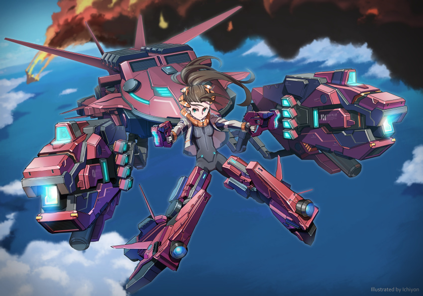 1girl aircraft airplane blue_eyes bodysuit brown_hair commentary_request dual_wielding energy_gun fire gun headgear highres holding jacket mecha mecha_musume midair ocean original outdoors ponytail science_fiction skin_tight smoke solo thrusters user_zykz2352 weapon