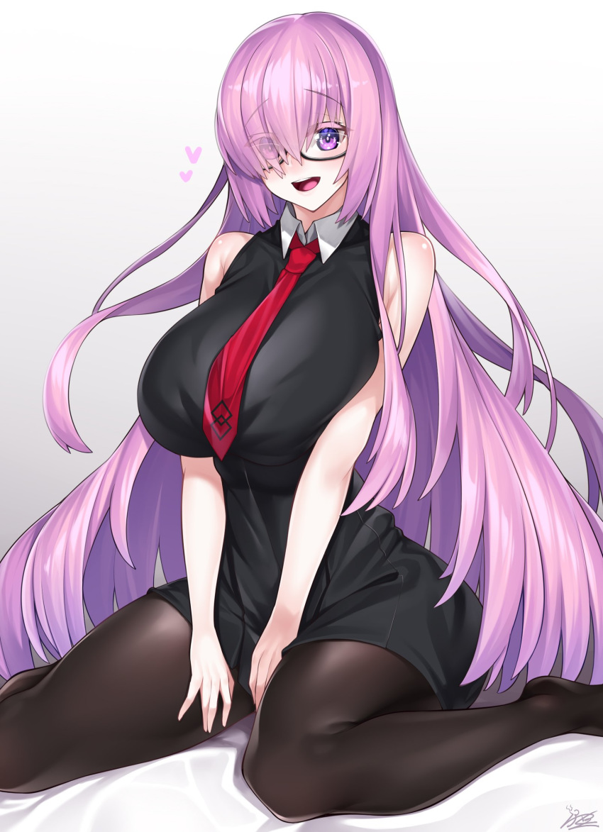 1girl alternate_hair_length alternate_hairstyle bangs bare_shoulders black_dress black_legwear blush breasts dress fate/grand_order fate_(series) glasses hair_over_one_eye heart highres large_breasts lavender_hair long_hair looking_at_viewer mash_kyrielight necktie open_mouth pantyhose red_neckwear simple_background sitting smile thighs violet_eyes wariza watosu