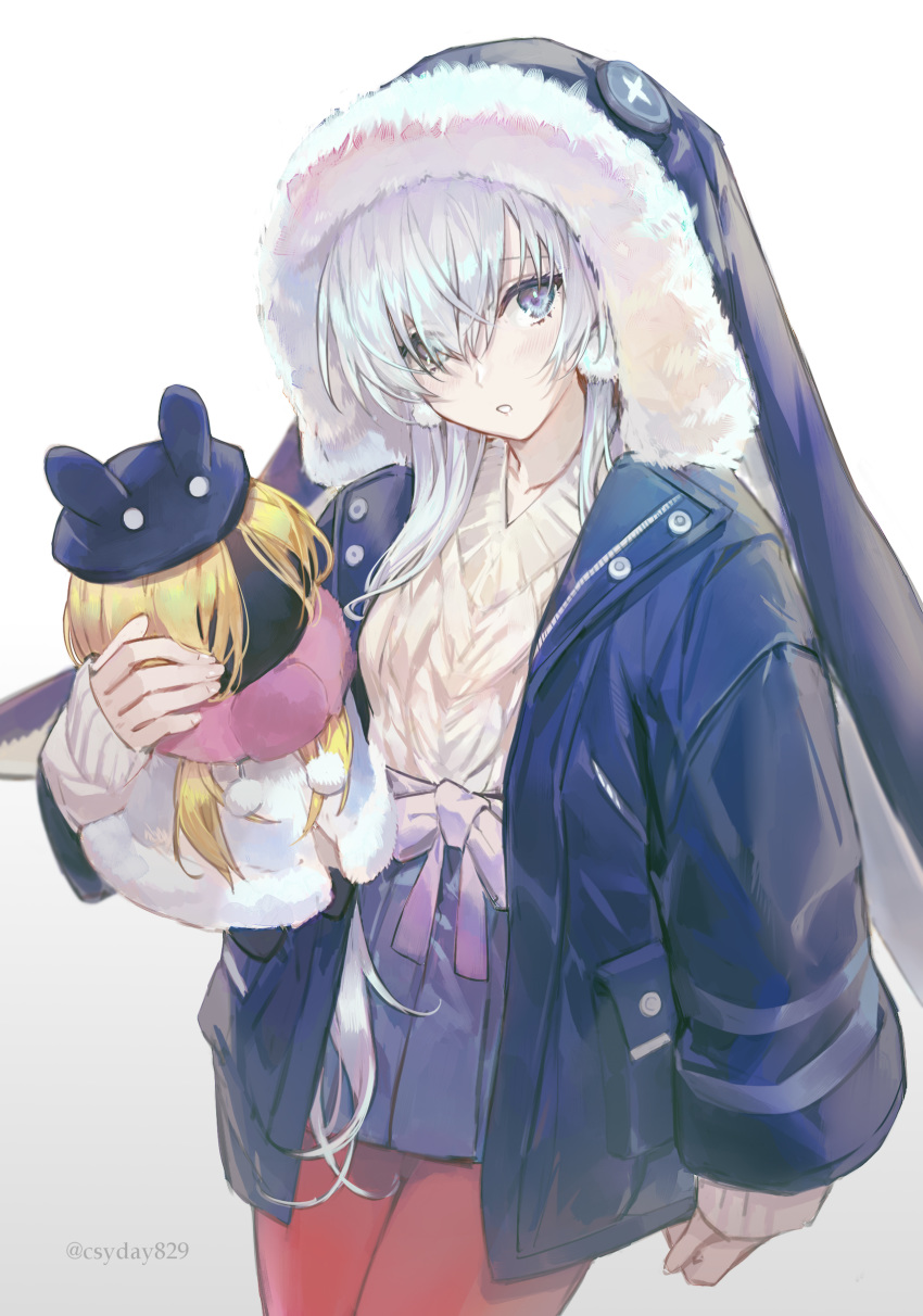 1girl absurdres anastasia_(fate/grand_order) animal_ears bangs blue_eyes blue_headwear blue_skirt blush coat commentary_request cowboy_shot csyday doll dress eyebrows_visible_through_hair eyes_visible_through_hair fake_animal_ears fate/grand_order fate_(series) fur_trim hair_between_eyes hair_over_one_eye highres holding holding_doll hood hood_up jacket long_hair long_sleeves looking_at_viewer open_clothes open_coat open_jacket pantyhose parted_lips pleated_skirt ribbed_sweater silver_hair simple_background skirt sleeves_past_wrists solo sweater sweater_dress turtleneck turtleneck_sweater twitter_username white_background white_sweater