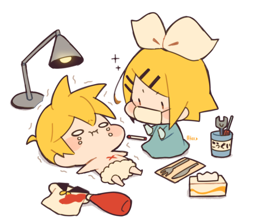 1boy 1girl :i bangs blonde_hair blue_dress bow collared_shirt commentary crayon crying crying_with_eyes_open dress fork gloves hair_bow hair_ornament hairclip kagamine_len kagamine_rin ketchup kitsune_no_ko kneeling knife lamp lying mask mouth_mask napkin o_o on_back playing_doctor scared screwdriver shirt shirt_removed short_hair short_ponytail solid_circle_eyes sparkle spiky_hair spill surgeon surgery surgical_mask swept_bangs tears tissue_box translated trembling vocaloid white_bow white_shirt wrench x |_|