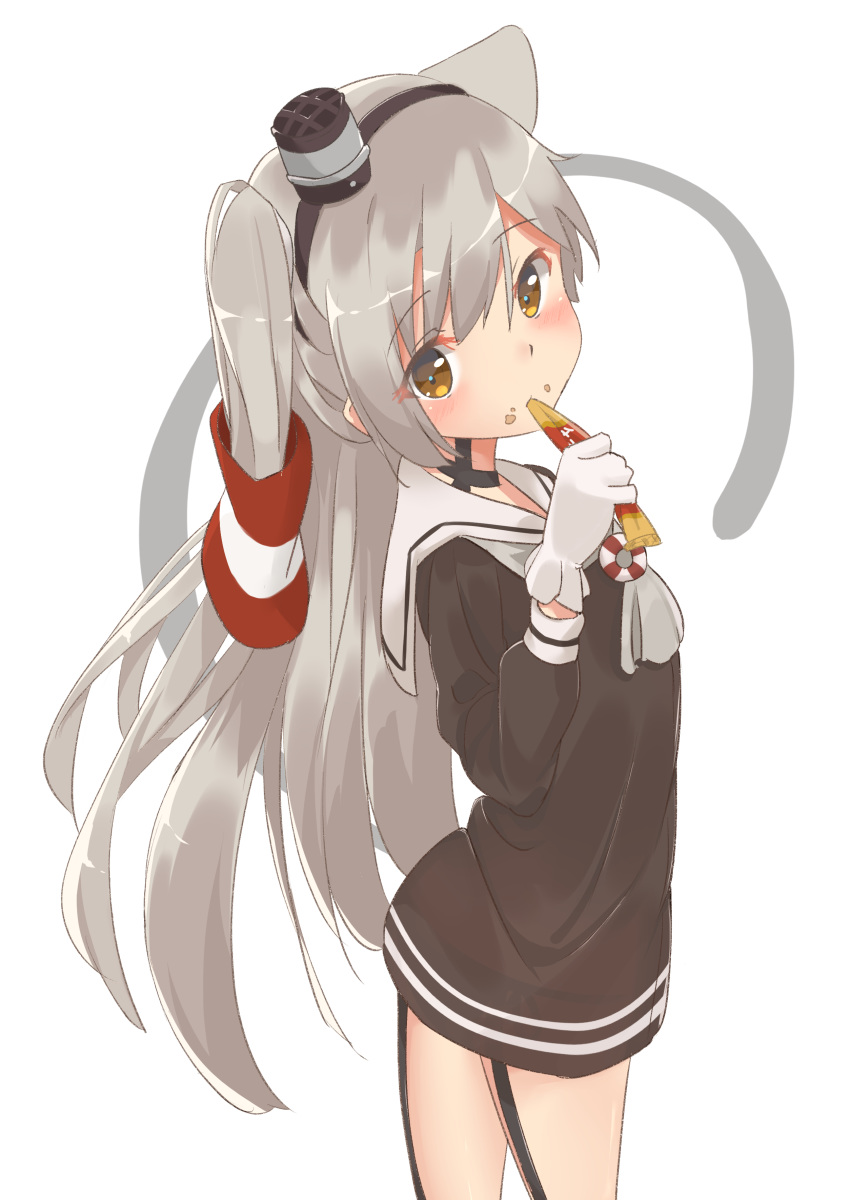 1girl absurdres amatsukaze_(kantai_collection) brown_dress brown_neckwear commentary_request cowboy_shot dress food food_on_face garter_straps gloves hair_tubes hat highres kafi_(cafee_kuu) kantai_collection lifebuoy long_hair mini_hat neckerchief sailor_collar sailor_dress short_dress silver_hair simple_background single_glove solo standing two_side_up white_background white_gloves white_sailor_collar windsock