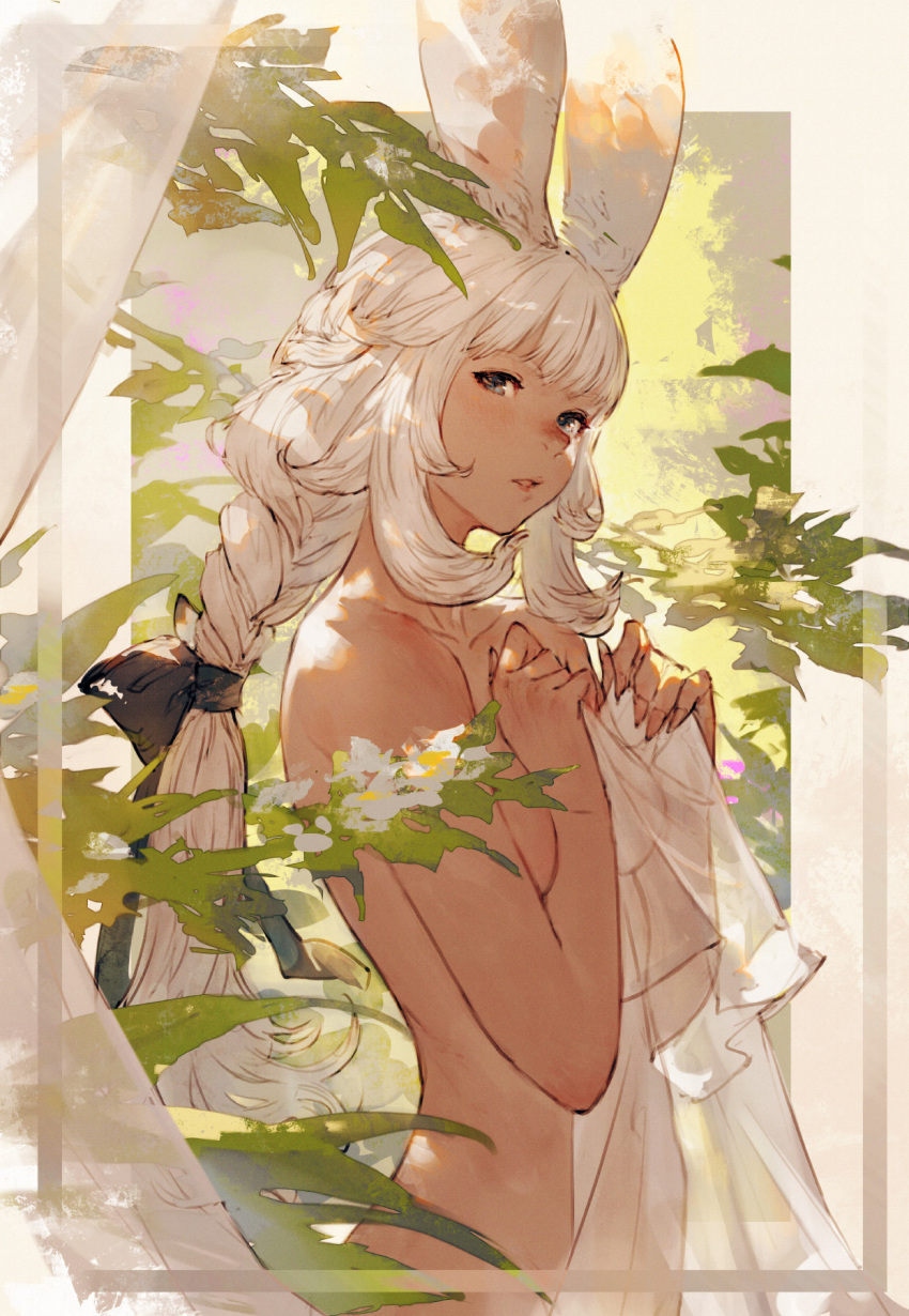 1girl animal_ears bangs black_bow blue_eyes bow braid breasts commentary_request final_fantasy final_fantasy_xiv hair_bow highres junwool long_hair looking_at_viewer open_mouth rabbit_ears sidelocks solo sunbathing upper_body viera white_hair
