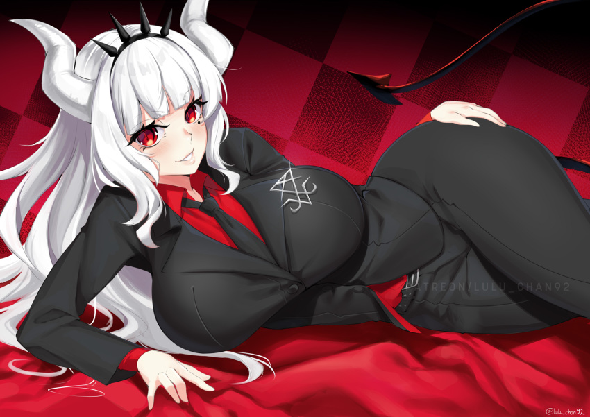 1girl black_tail business_suit commentary_request demon_girl demon_tail formal hairband helltaker highres horns lucifer_(helltaker) lulu-chan92 lying on_side red_eyes smile solo spiked_hairband spikes suit tail white_horns