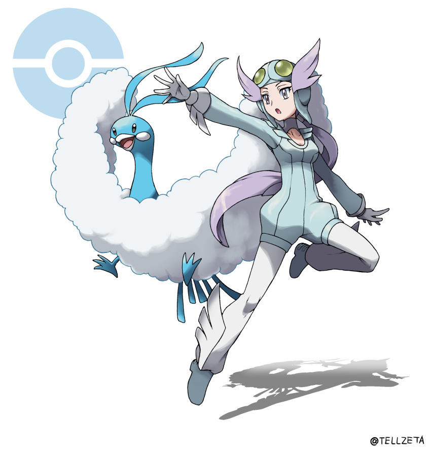 1girl :o altaria artist_name breasts collarbone commentary_request full_body gen_3_pokemon gloves gym_leader helmet highres long_hair nagi_(pokemon) official_style open_mouth outstretched_arm poke_ball_symbol pokemon pokemon_(creature) pokemon_(game) pokemon_oras purple_hair shoes simple_background spread_fingers teru_zeta tongue very_long_hair violet_eyes watermark white_background white_gloves