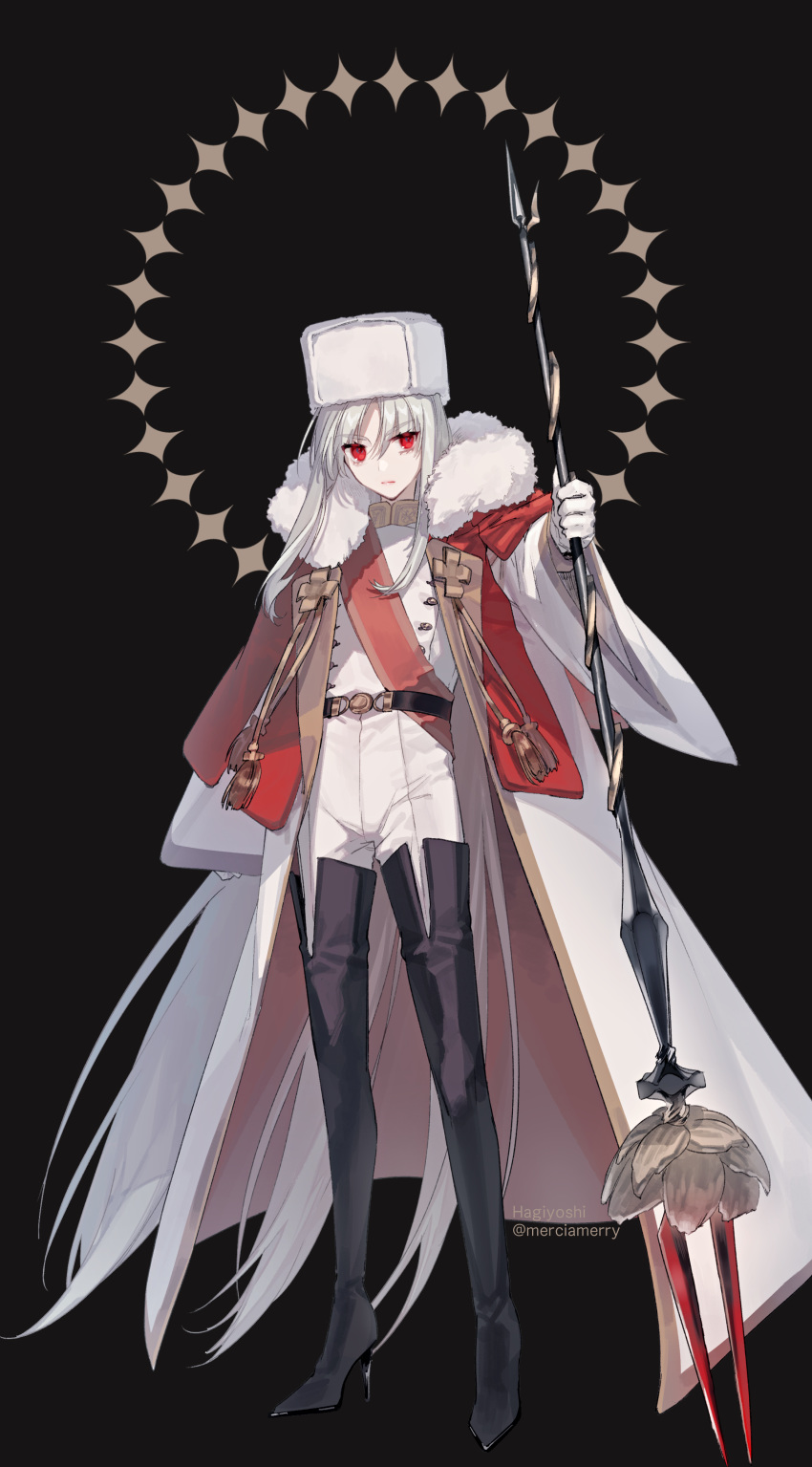 1boy absurdres belt bishounen black_background black_footwear boots closed_mouth coat eyebrows_visible_through_hair florists_daisy fur-trimmed_coat fur_trim gloves high_heels highres holding holding_spear holding_weapon ivan_iv_(florists_daisy) long_hair male_focus original pink_lips polearm red_eyes signature simple_background solo spear standing thigh-highs thigh_boots vampire very_long_hair weapon white_gloves white_hair wide_sleeves