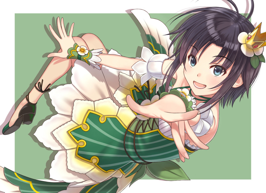 1girl antenna_hair armband bangs bare_shoulders black_hair blue_eyes commentary crown dress foreshortening full_body green_background green_dress green_footwear hair_ornament highres idolmaster idolmaster_million_live! idolmaster_million_live!_theater_days kikuchi_makoto light_blush looking_at_viewer nekopuchi open_mouth outside_border painttool_sai_(medium) reaching_out shoes short_hair smile solo wrist_cuffs