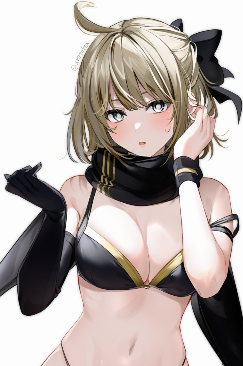 1girl :o ahoge arm_strap artist_name bangs bare_shoulders bikini black_bikini black_bow black_gloves black_legwear black_scarf blonde_hair blush bow breasts ears fate/grand_order fate_(series) gloves hair_bow highres large_breasts lips looking_at_viewer navel nose okita_souji_(fate)_(all) okita_souji_(swimsuit_assassin)_(fate) open_mouth scarf simple_background solo swimsuit twitter_username white_background xretakex yellow_eyes