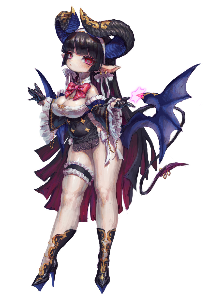 1girl bangs bare_shoulders black_footwear black_gloves black_hair blunt_bangs blush bow closed_mouth demon_girl demon_horns demon_tail demon_wings detached_sleeves earrings eyebrows_visible_through_hair frilled_legwear frills gloves half_gloves high_heels highres horns jewelry jon_taira long_hair mole mole_under_eye multicolored multicolored_hair original red_eyes redhead simple_background solo sparkle standing striped striped_bow striped_neckwear succubus tail thigh_strap white_background wide_sleeves wings