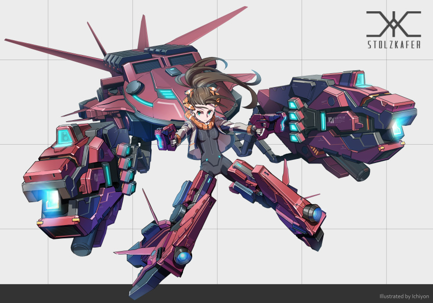 1girl blue_eyes bodysuit brown_hair commentary_request dual_wielding energy_gun gun headgear highres holding jacket mecha mecha_musume original ponytail science_fiction simple_background skin_tight solo thrusters user_zykz2352 weapon