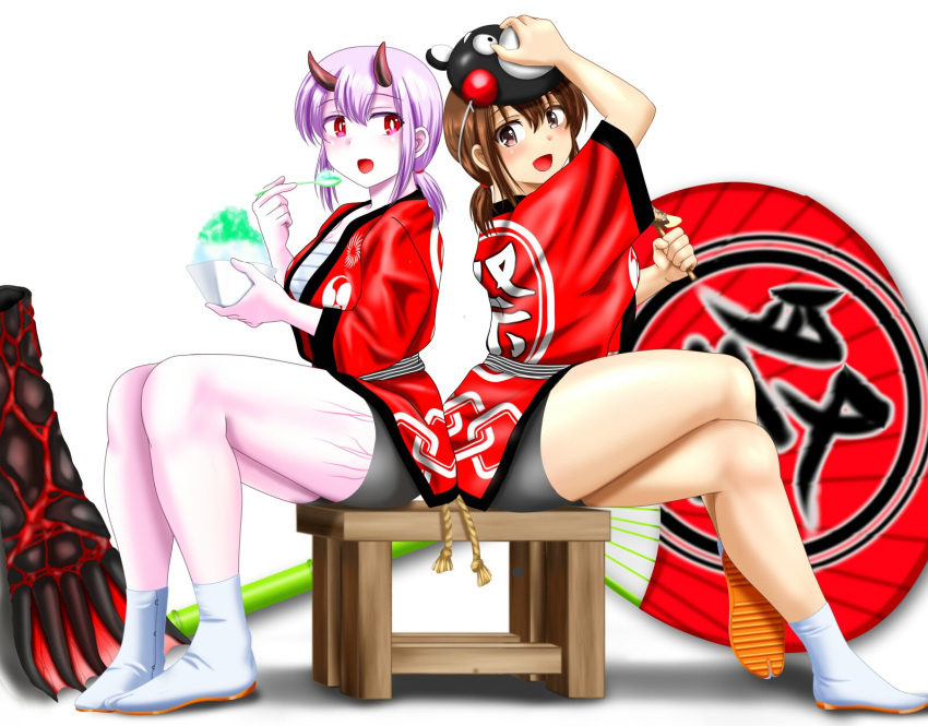 2girls back-to-back bear_mask bike_shorts black_shorts brown_eyes chair claws fan fubuki_(kantai_collection) happi headband highres horns japanese_clothes kantai_collection long_hair low_ponytail lycoris_fubuki mask mask_on_head moto_rom_moppara multiple_girls oversized_object paper_fan ponytail prosthesis prosthetic_arm red_eyes shaved_ice short_ponytail shorts sidelocks simple_background sitting spoilers uchiwa white_background white_hair white_skin