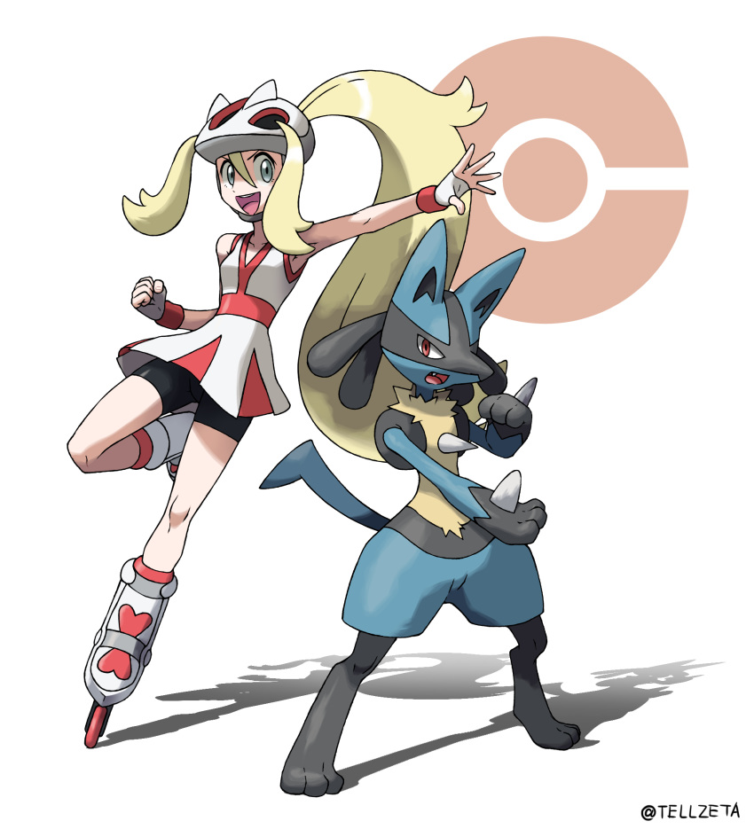 1girl :d artist_name bare_shoulders bicycle_helmet bike_shorts blonde_hair commentary_request dress fingerless_gloves full_body gen_4_pokemon gloves grey_eyes gym_leader helmet highres knees koruni_(pokemon) long_hair lucario open_mouth poke_ball_symbol pokemon pokemon_(creature) pokemon_(game) pokemon_xy ponytail roller_skates simple_background skates smile teeth teru_zeta tongue two-tone_dress upper_teeth very_long_hair watermark white_background