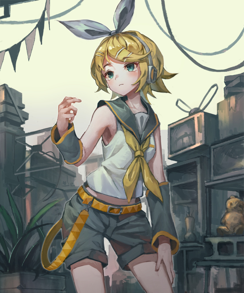 1girl arm_warmers bare_shoulders belt blue_eyes bow cable cinder_block collar commentary contrapposto cowboy_shot expressionless fern grey_collar grey_shorts hair_bow hair_ornament hairclip hand_on_own_thigh hand_up headphones highres kagamine_rin light_blush looking_away neckerchief plant potted_plant sailor_collar school_uniform shelf shirt short_shorts shorts solo string_of_flags stuffed_animal stuffed_toy teddy_bear television vocaloid white_bow white_shirt yanyan_(shinken_gomi) yellow_neckwear
