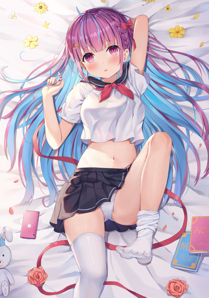 1girl absurdres ahoge arm_up ass bed_sheet black_skirt blue_hair bow braid breasts colored_inner_hair crop_top crop_top_overhang feet flower hair_bow hair_ornament hairclip highres hokori_sakuni hololive knee_up large_breasts long_hair looking_at_viewer lying midriff minato_aqua miniskirt multicolored_hair navel no_shoes on_back panties parted_lips petals pleated_skirt purple_hair sailor_collar school_uniform serafuku shirt short_sleeves skirt solo stomach streaked_hair thigh-highs thighs two-tone_hair underwear very_long_hair violet_eyes virtual_youtuber white_legwear white_panties white_shirt yellow_flower